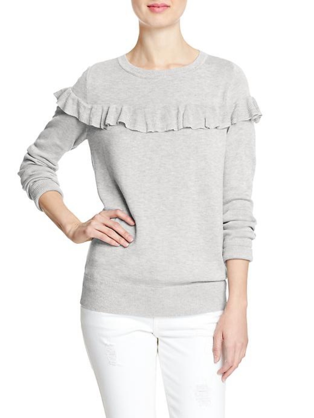 Banana Republic Ruffle Knit Long Sleeve Sweater in Light Grey Heather Size Small